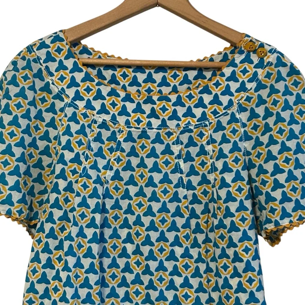 Tory Burch Ruffle Cotton Blouse Shirt Yellow Blue Size 8 Women’s Short Sleeve